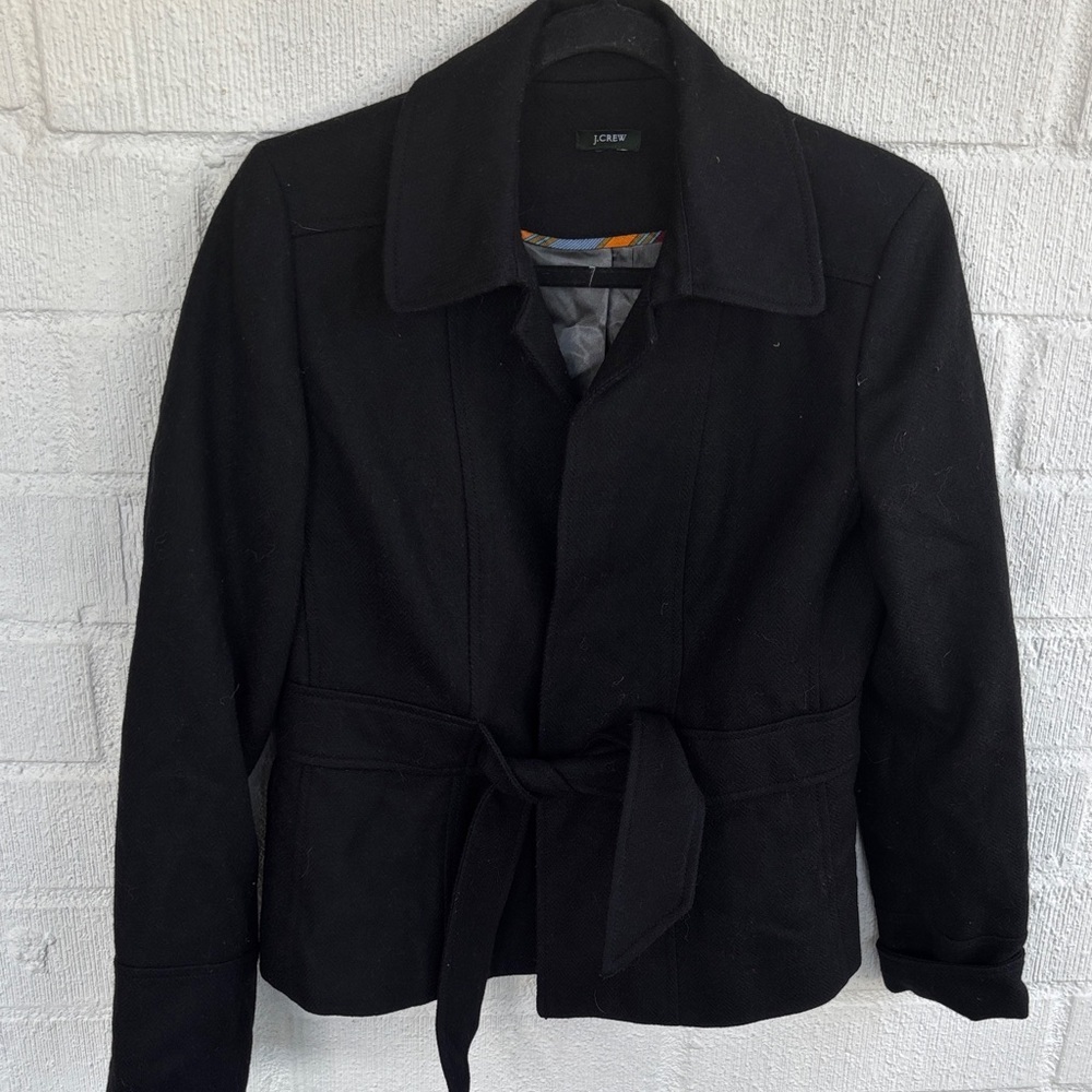 J. Crew Wool Embroidered Scottish Cloth Woven in Scotland Black Pea Coat sz M - Picture 2 of 9